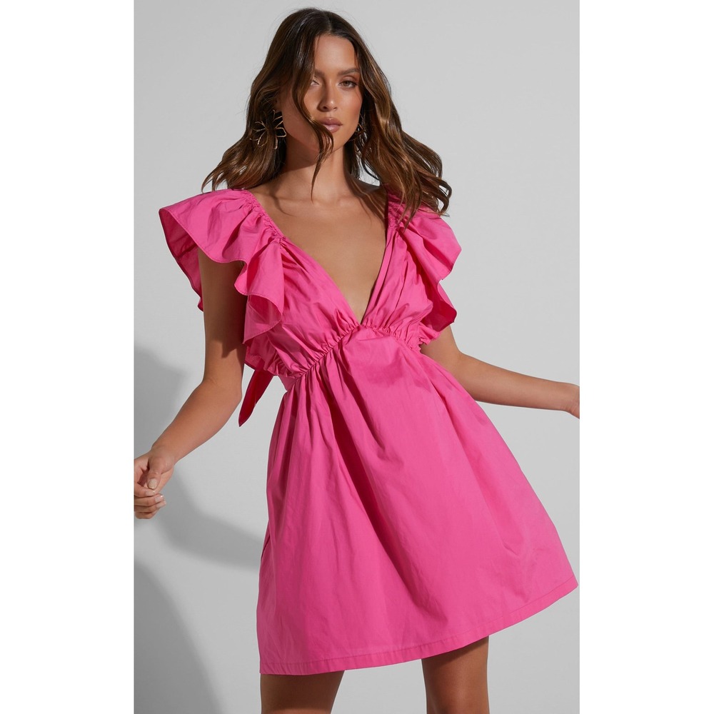 Showpo Pink Ruffle Open Back Mini Dress V-Neck Cotton Size US 4 AU 8